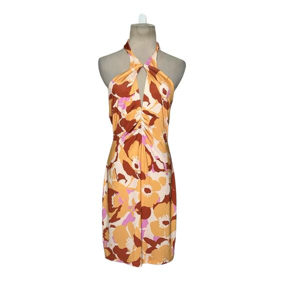 Neon & Nylon yellow brown print halter mini dress size Large - Picture 1 of 10
